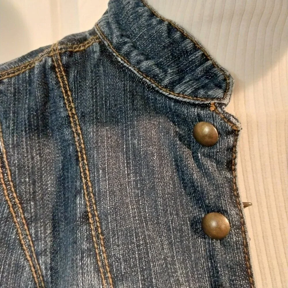3248 Size Large Faded Glory Upcycled Jean Jacket With Crochet Trim In Dark Teal - Picture 4 of 9